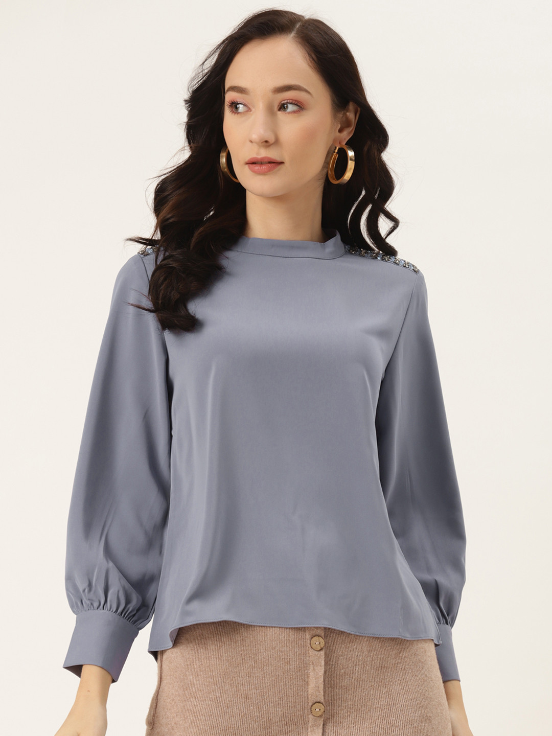 

Madame Women Blue Solid Sequined Regular Top