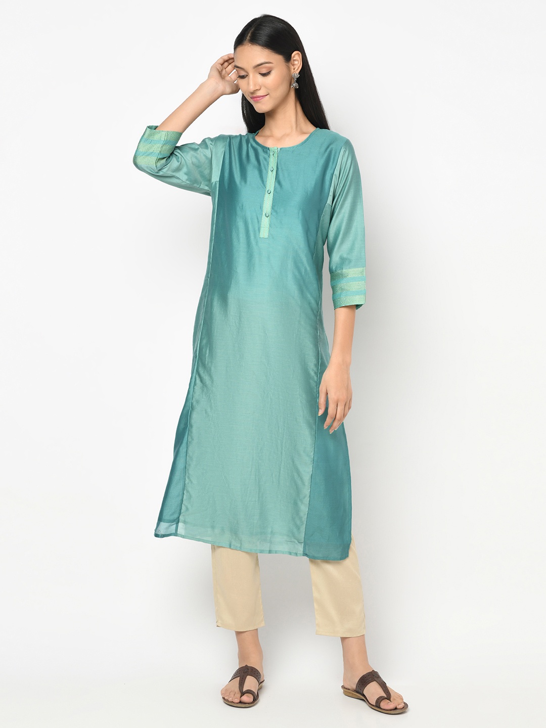 

Fabindia Women Turquoise Blue Thread Work Kurta