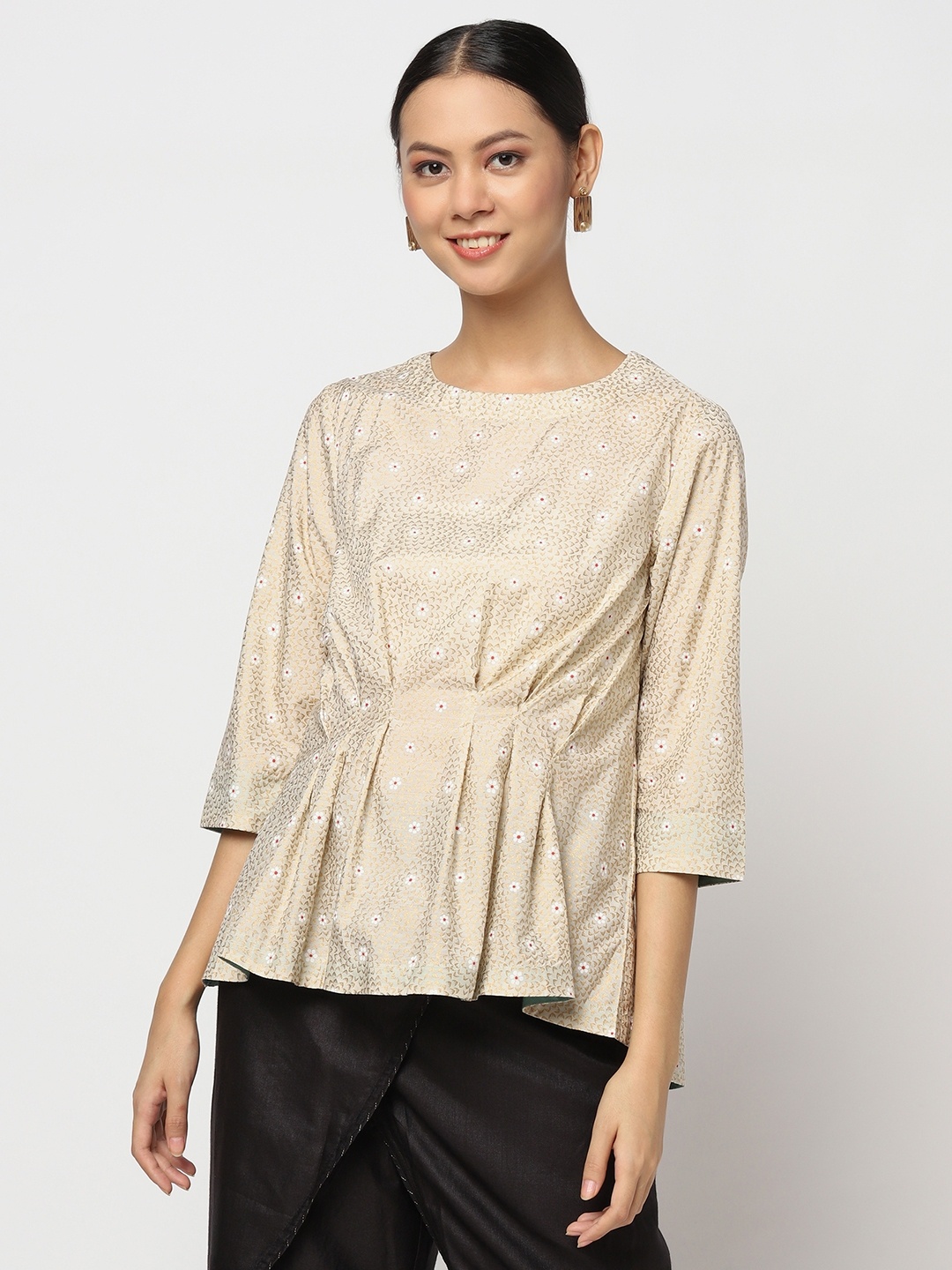 

Fabindia Beige & Golden Geometric A-Line Top