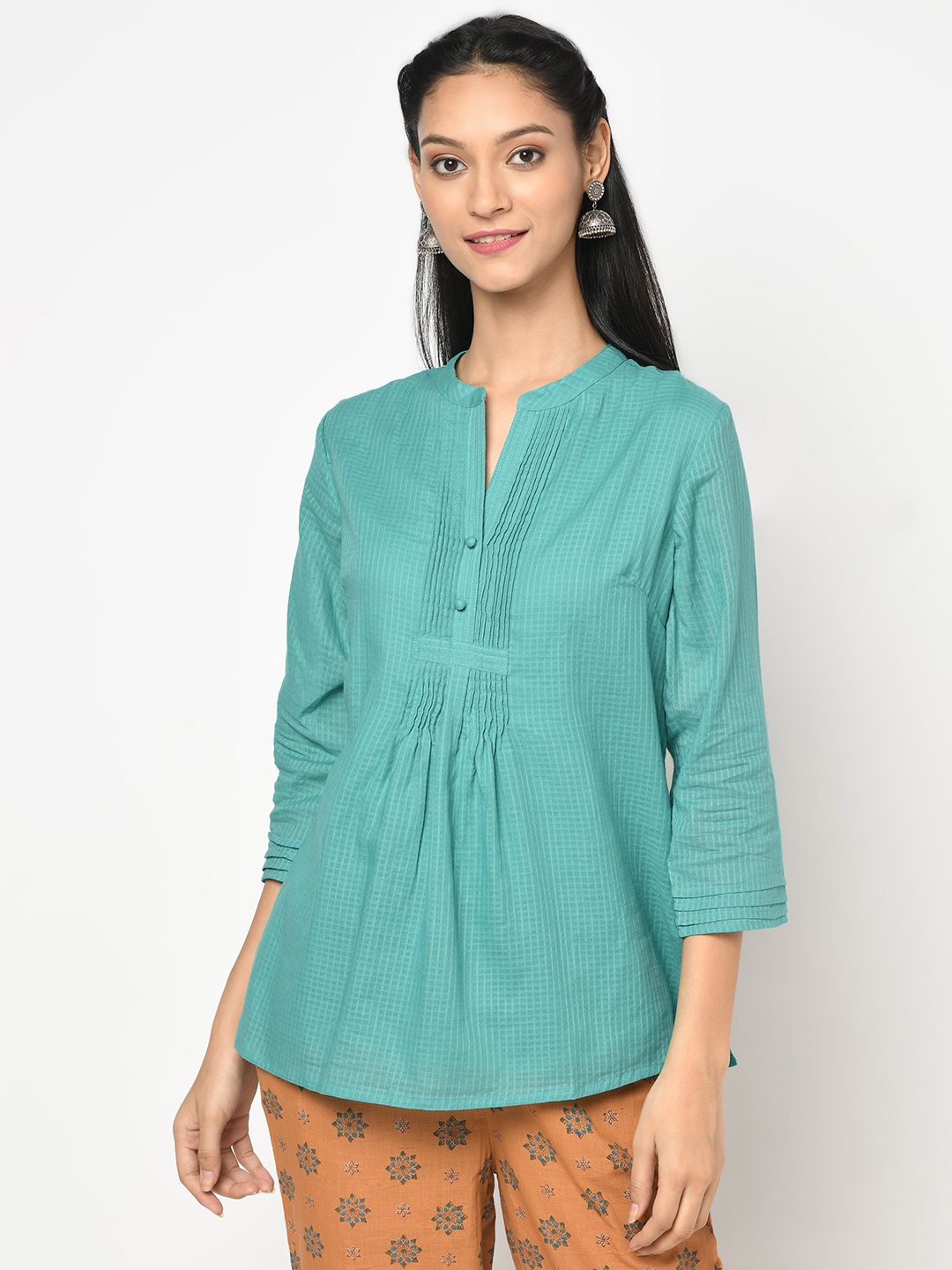 

Fabindia Blue Checked Mandarin Collar Regular Top