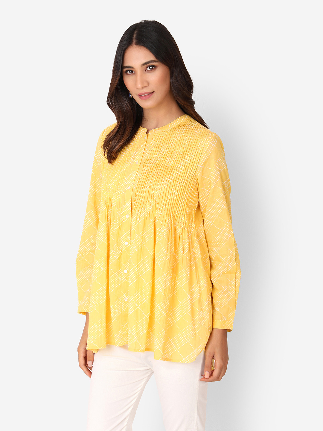 

Fabindia Yellow & White Geometric Cotton Mandarin Collar A-Line Top