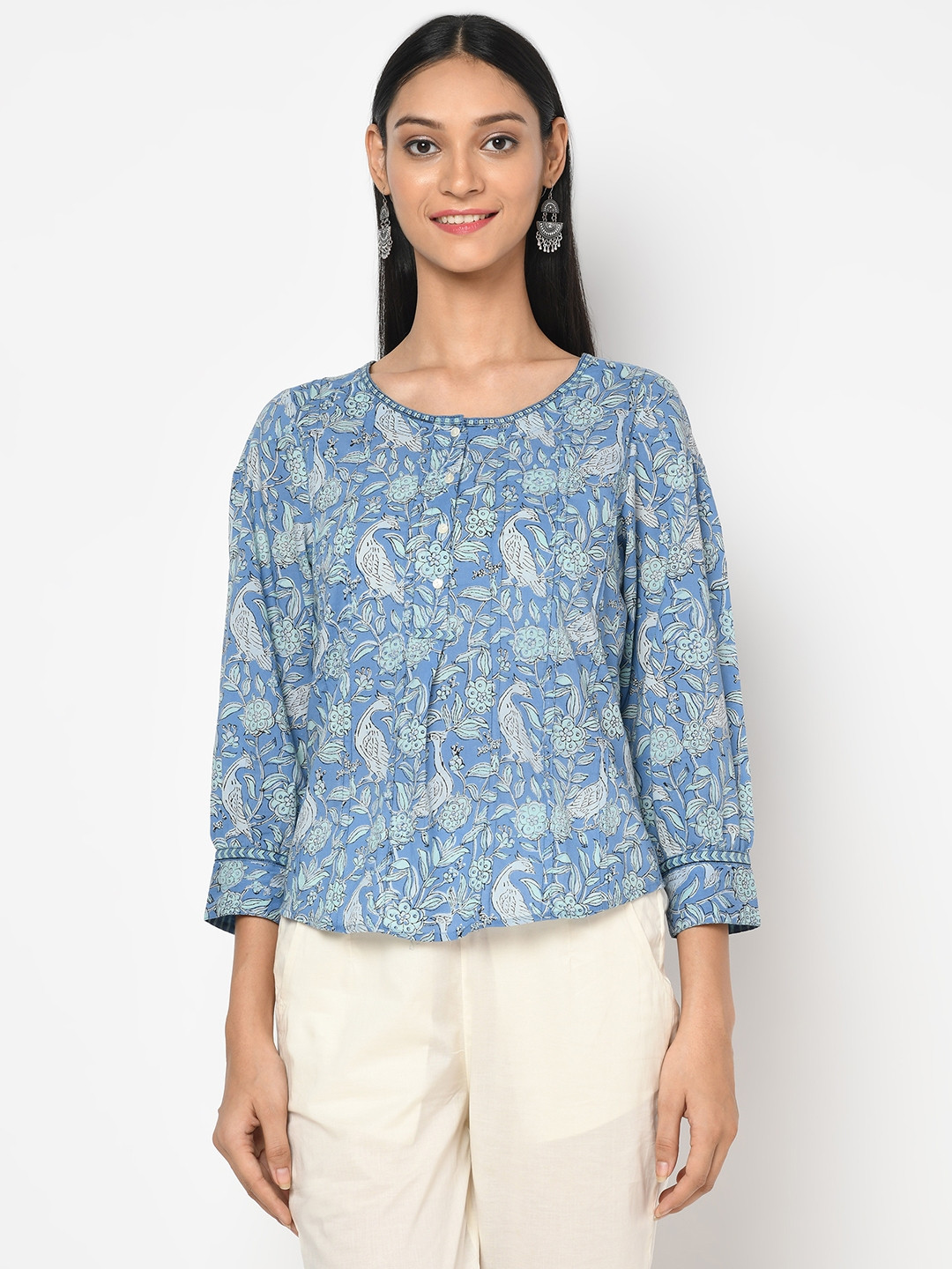 

Fabindia Blue Floral Cotton Regular Top