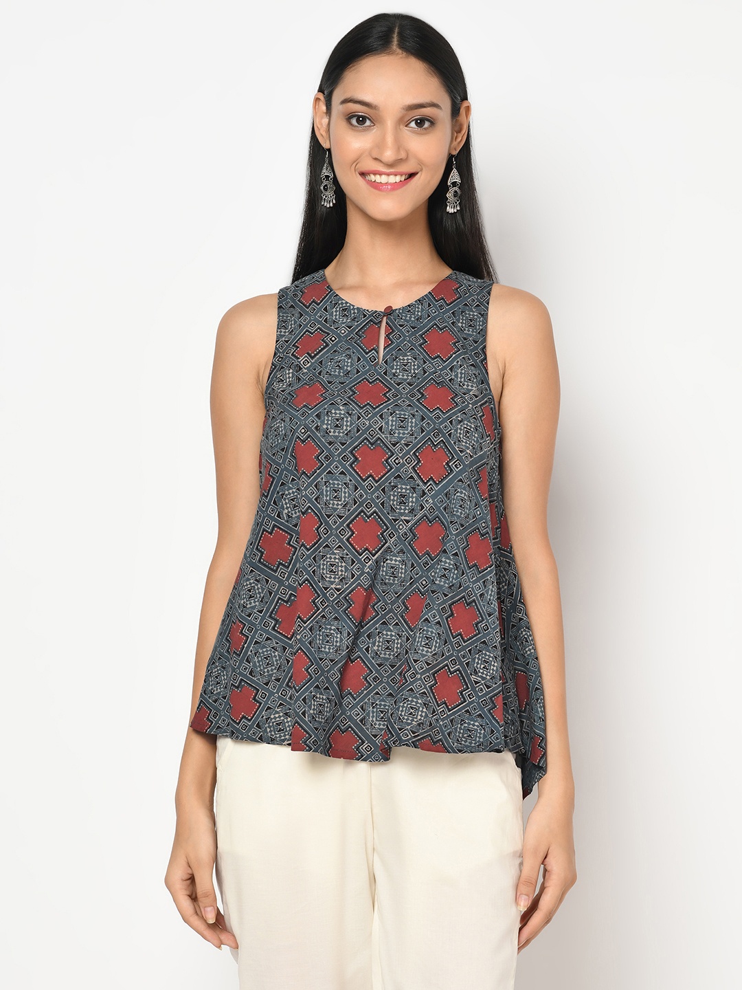 

Fabindia Blue & Red Keyhole Neck Ajrakh Print Cotton Regular Top