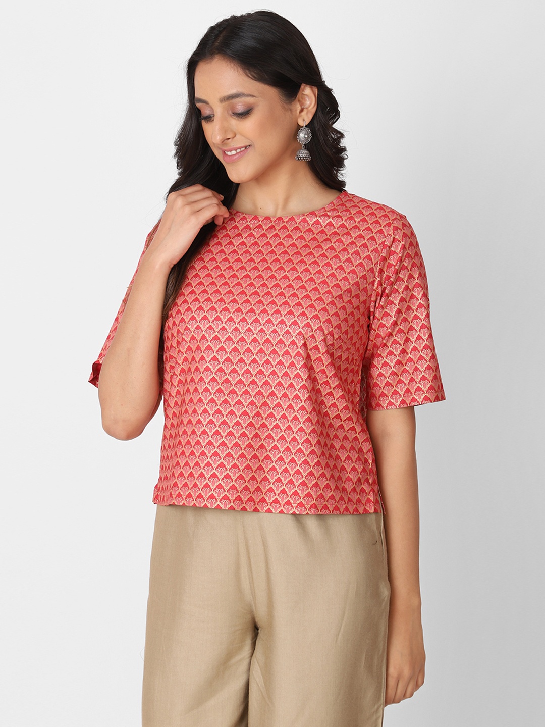 

Fabindia Red & Golden Hand Block Print Regular Top