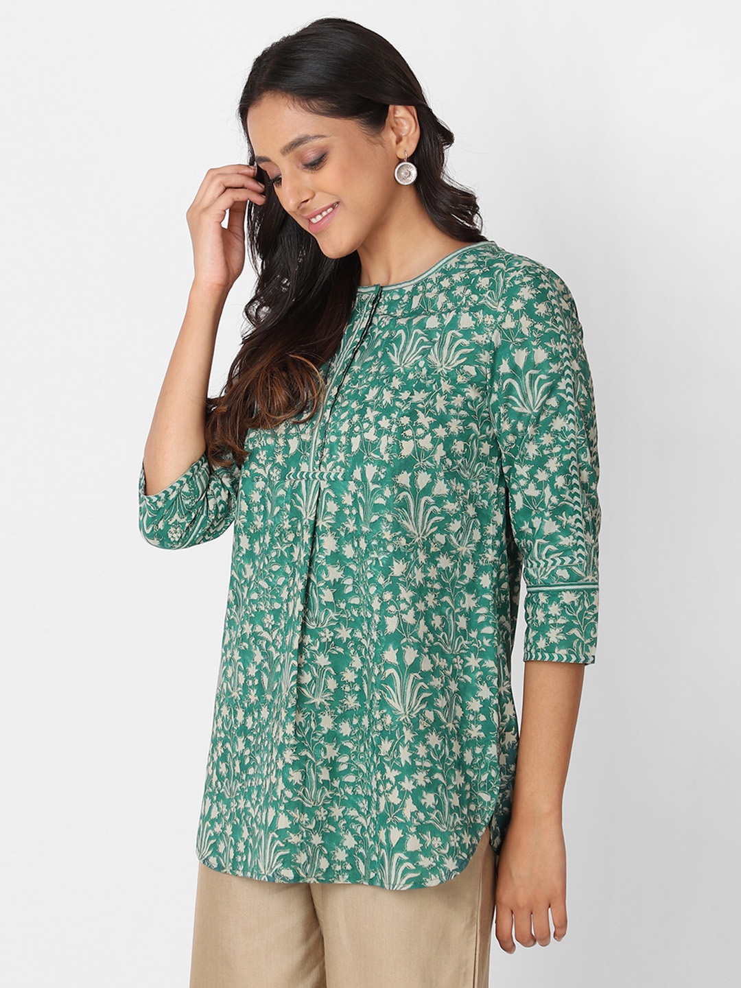 

Fabindia Green & Beige Printed Cotton Tunic