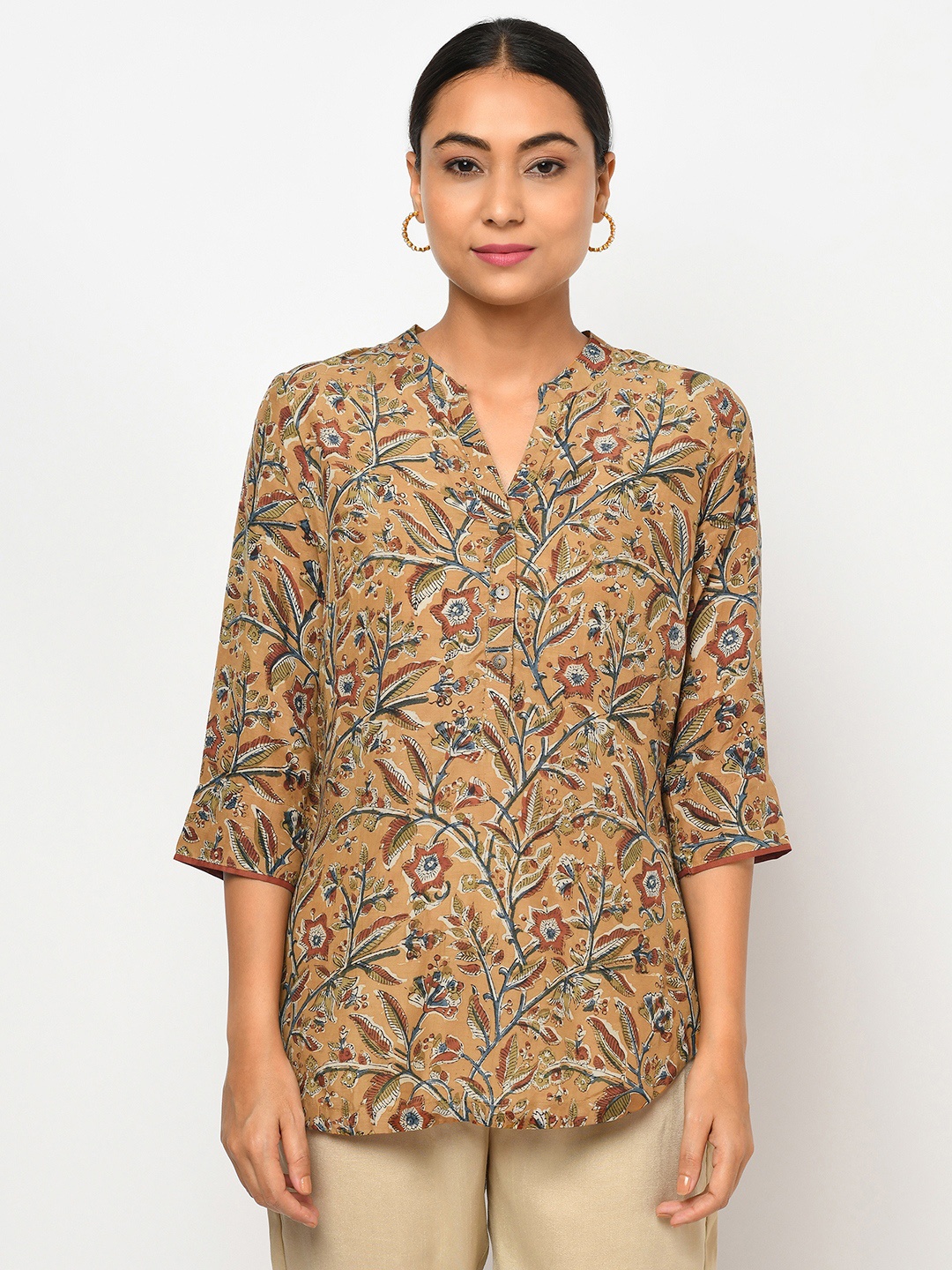 

Fabindia Mustard Yellow & Blue Kalamkari Print Regular Top