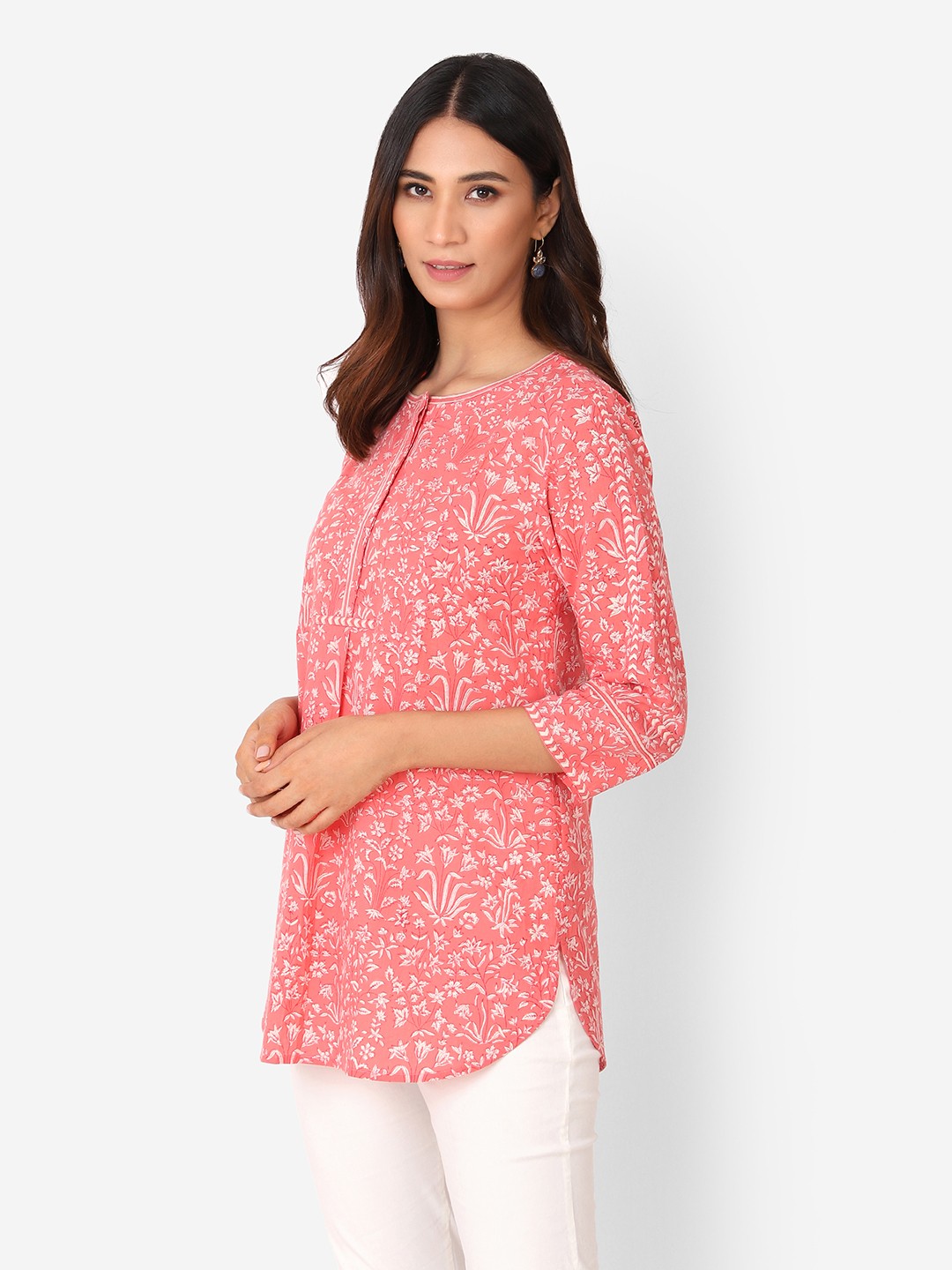 

Fabindia Pink & Off White Hand Block Printed Cotton Tunic