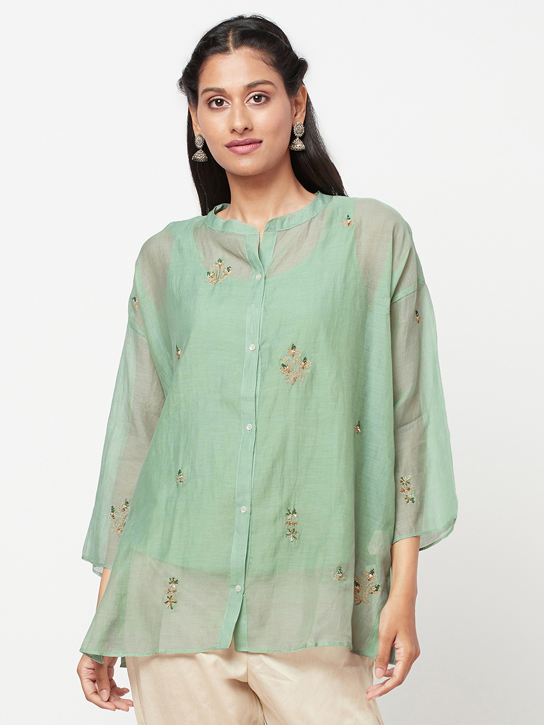 

Fabindia Women Green Hand Embroidered Opaque Casual Shirt
