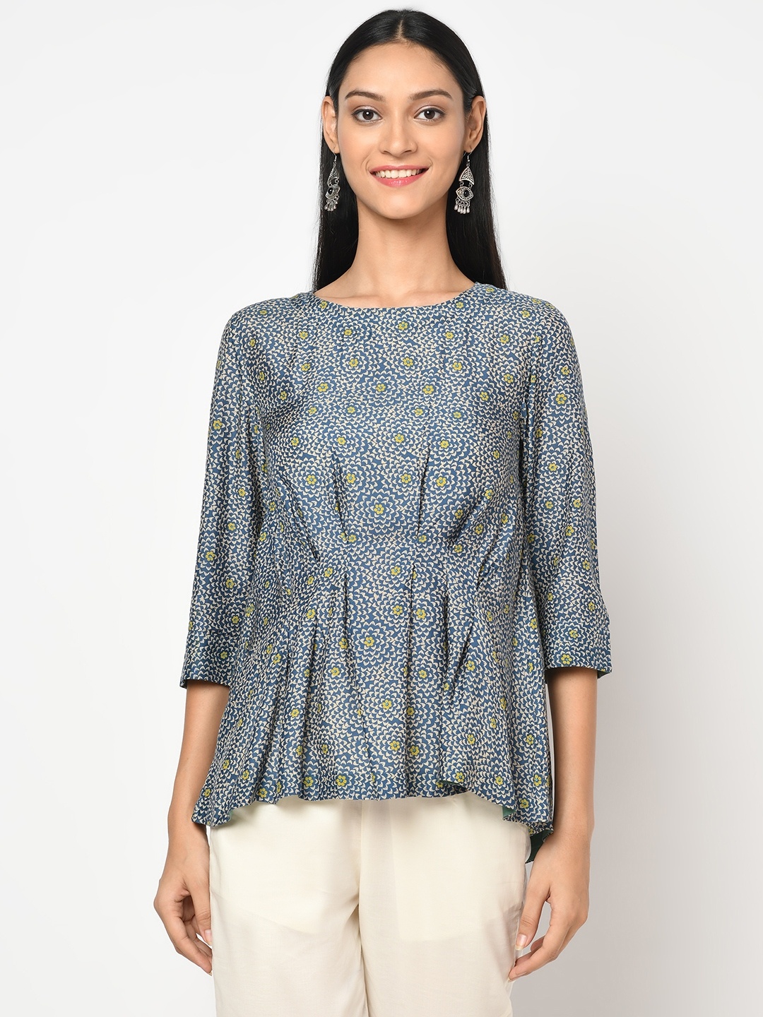 

Fabindia Blue & Beige A-Line Top