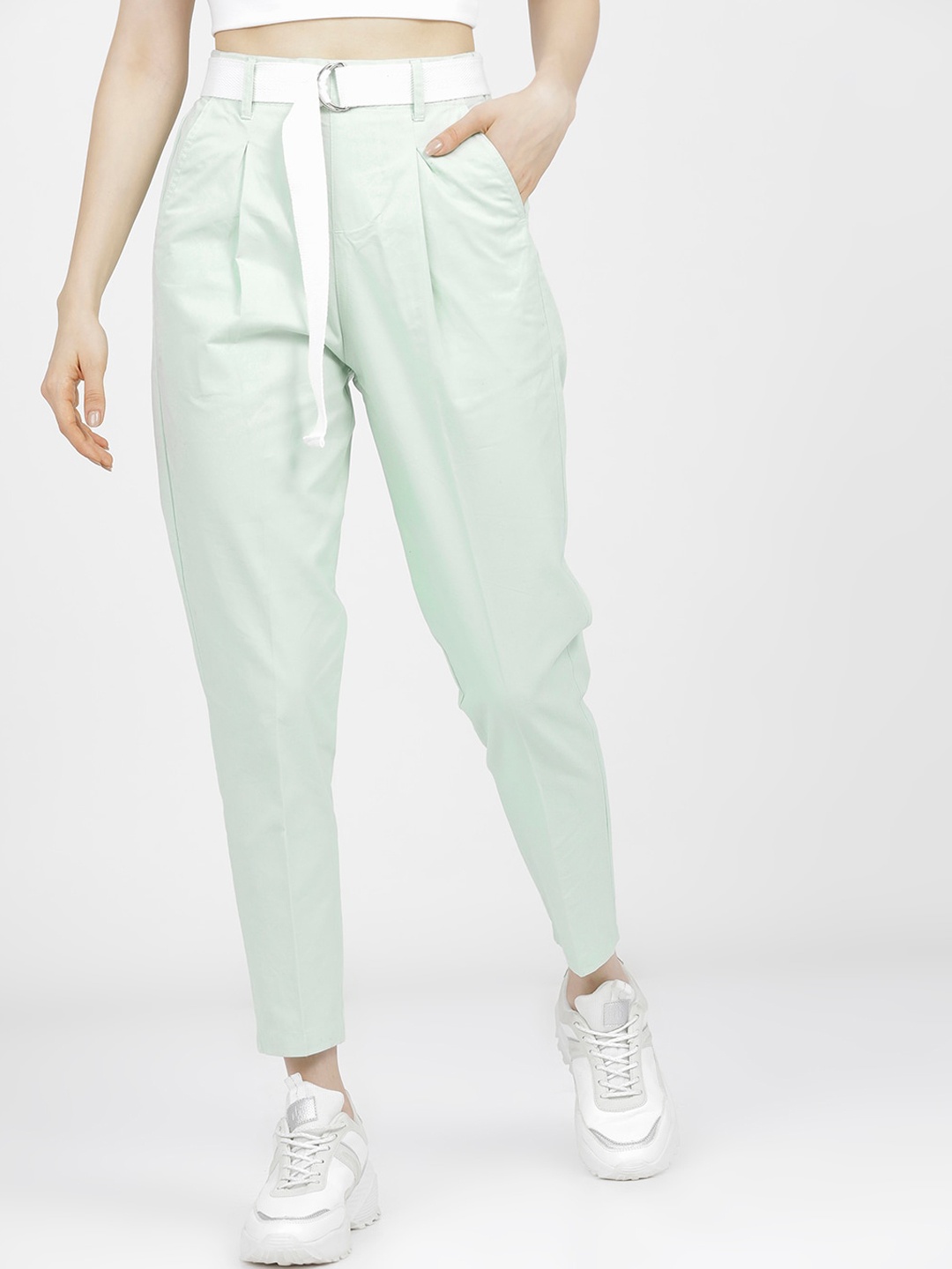 

Tokyo Talkies Women Green Straight Fit Pleated Trousers