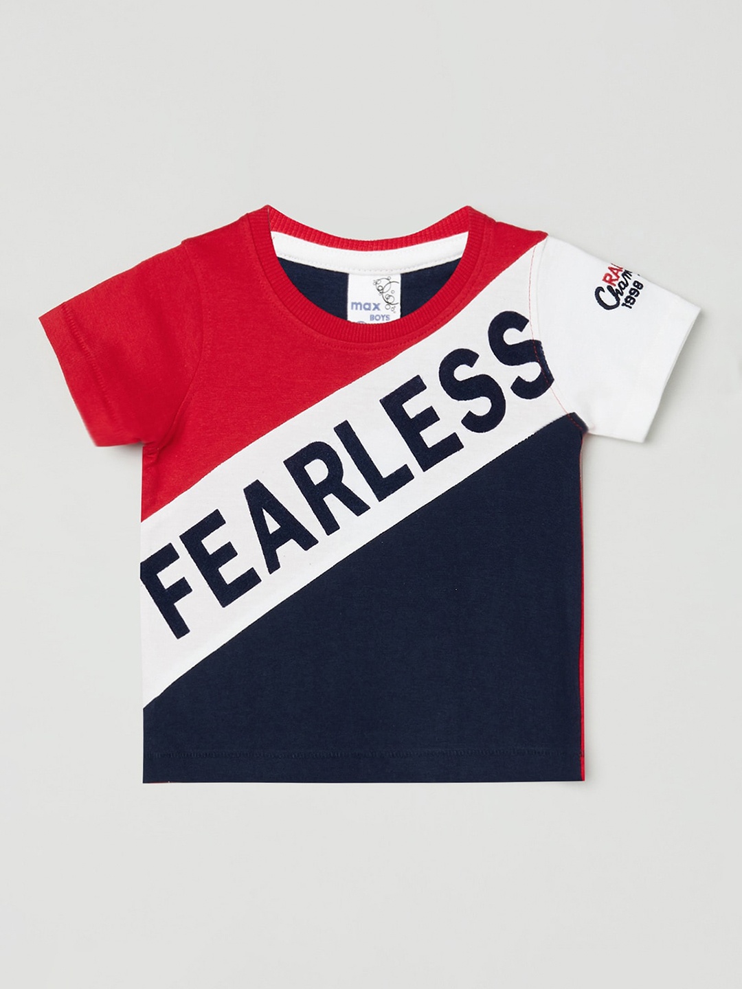 

max Boys Red Navy Blue Typography Colourblocked Cotton Pure Cotton T-shirt
