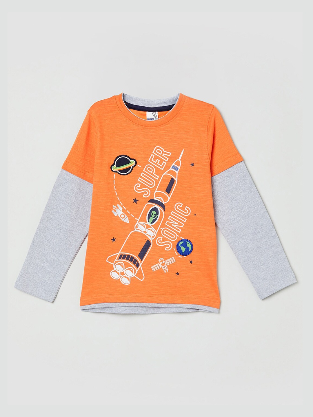 

max Boys Orange Graphic Printed Applique Pure Cotton T-shirt