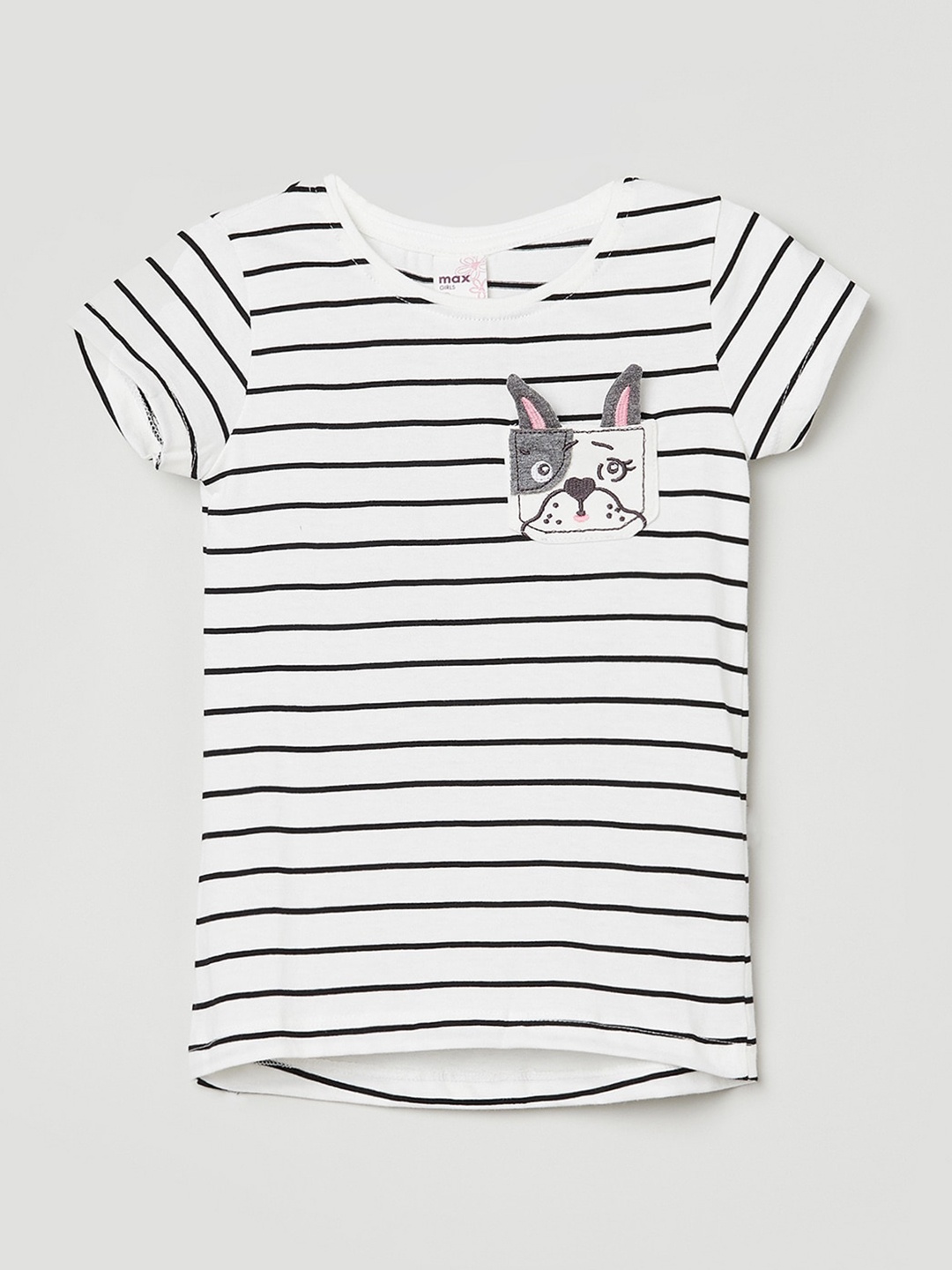 

max Girls White and Black Striped Pocket T-shirt