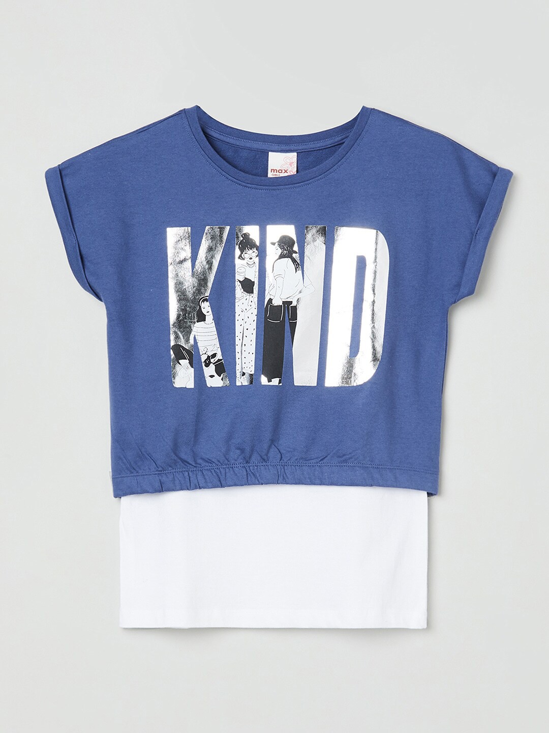 

max Girls Blue Printed Extended Sleeves Pure Cotton T-shirt