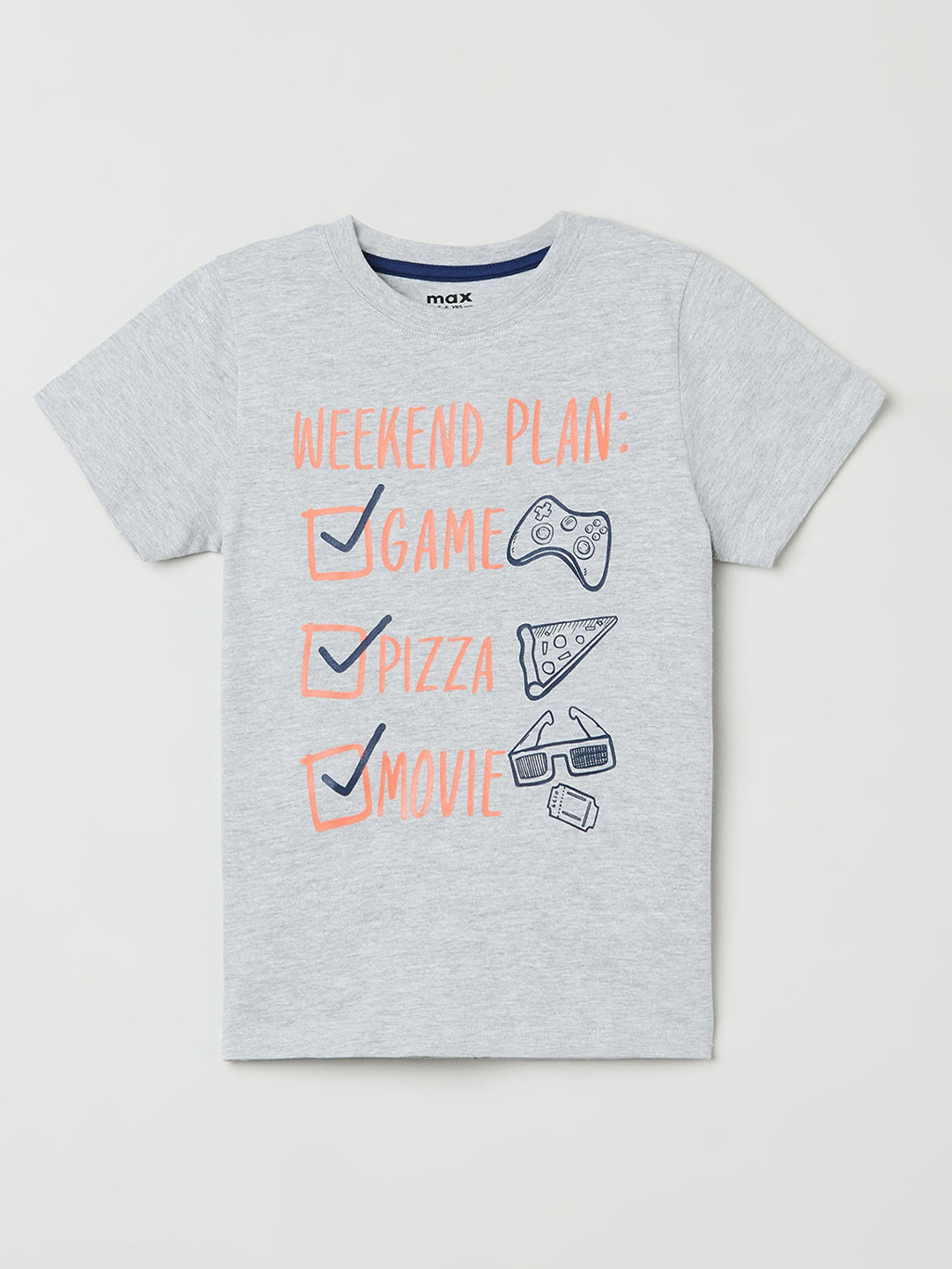 

max Boys Grey & Orange Typography Printed T-shirt