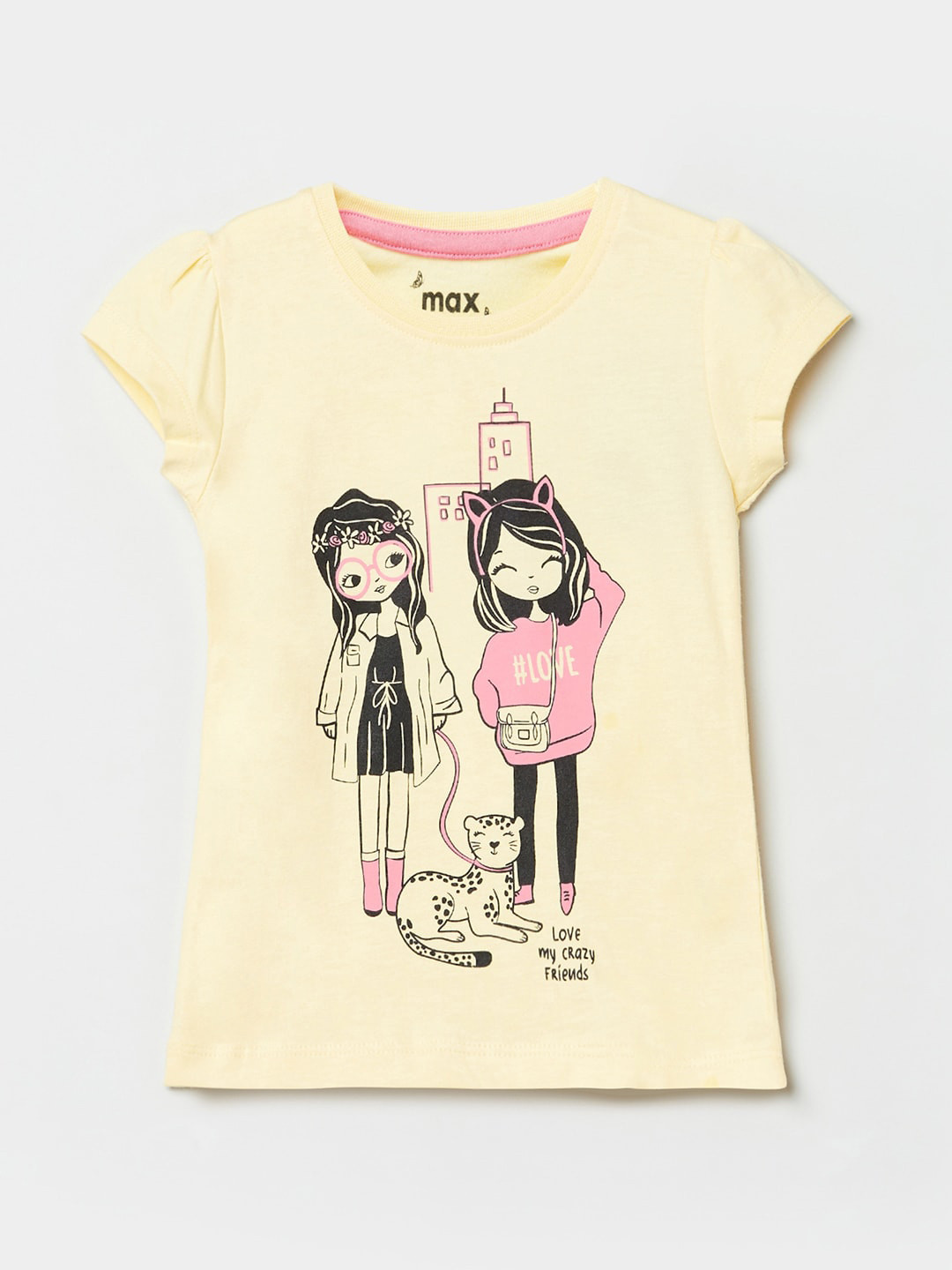 

max Girls Yellow Black Printed Pure Cotton T-shirt