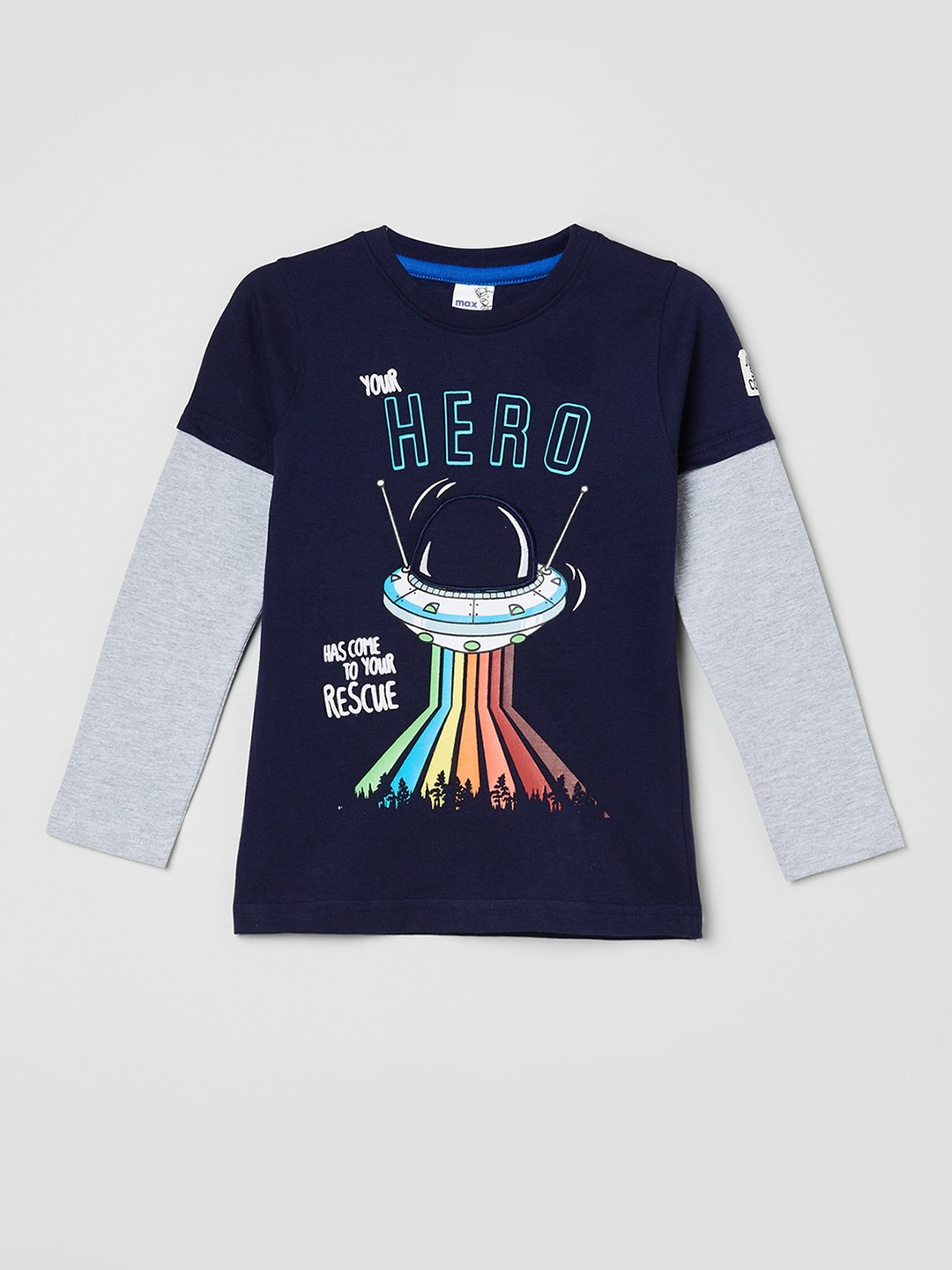 

max Boys Blue Grey Printed Pure Cotton T-shirt