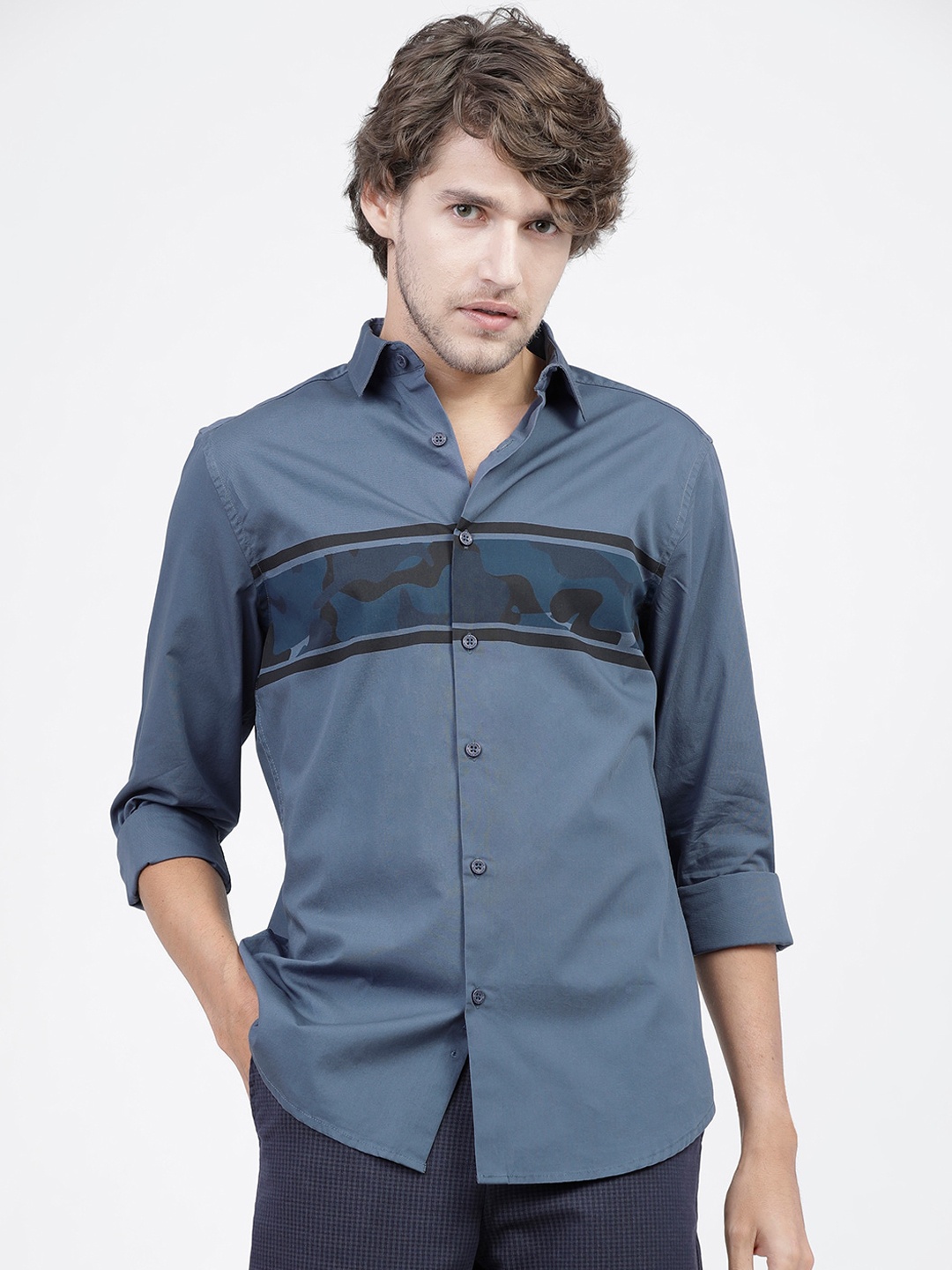 

HIGHLANDER Men Blue Slim Fit Opaque Printed Cotton Casual Shirt