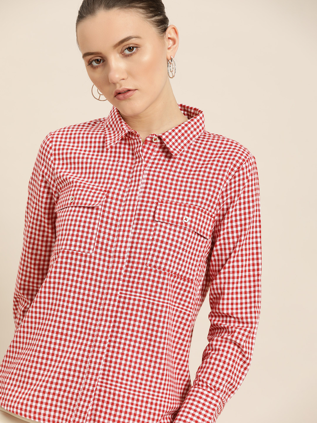 

her by invictus Women Red Pure Cotton Gingham Checks Opaque Checked Casual Shirt