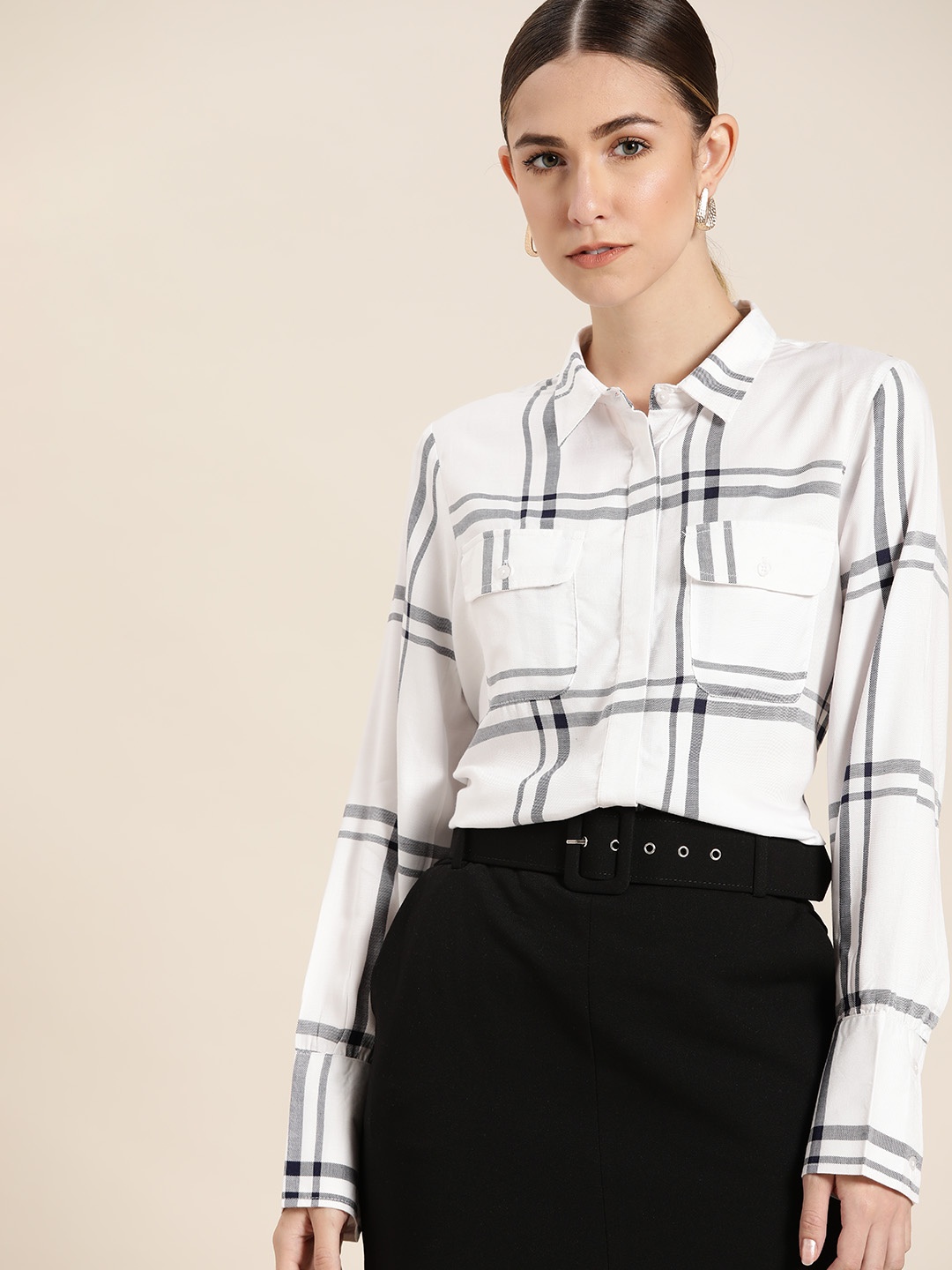 

her by invictus Women White Windowpane Checks Opaque Checked Casual Shirt