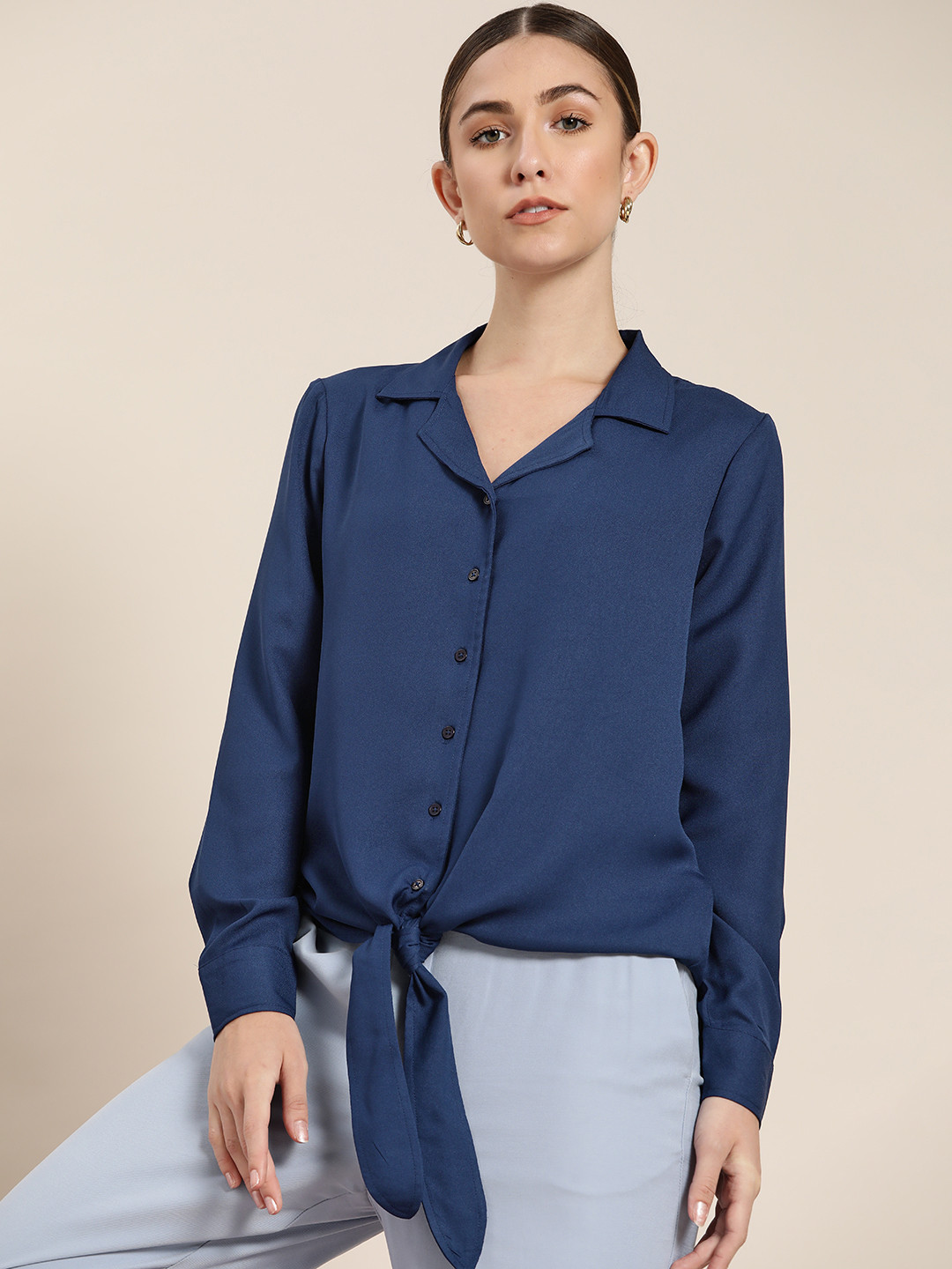 

her by invictus Women Navy Blue Solid Casual Shirt with Tie-up