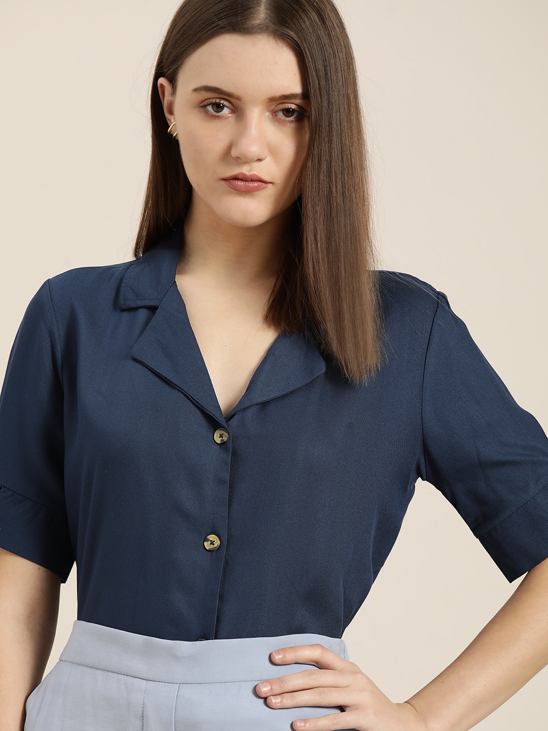 

her by invictus Women Navy Blue Solid Casual Shirt