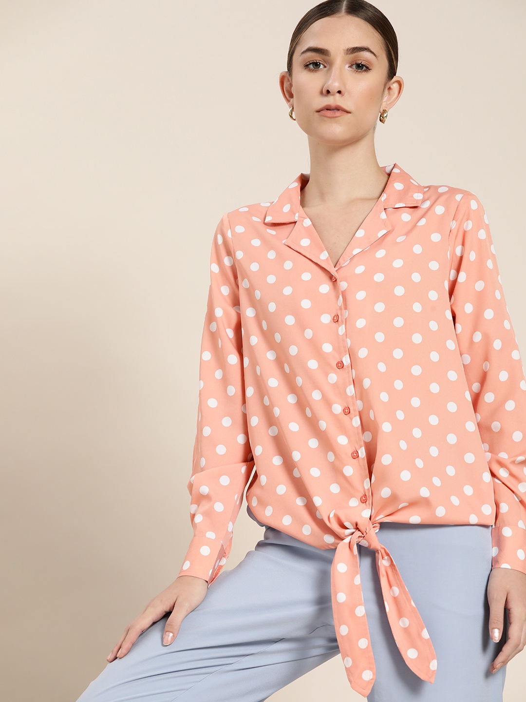 

her by invictus Women Peach-Coloured Solid Polka Dots Print Casual Shirt with Tie-up