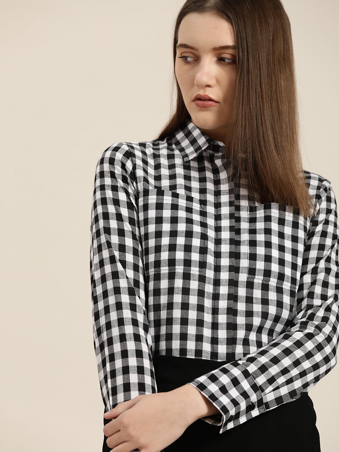 

her by invictus Women White & Black Checked Pure Cotton Casual Shirt