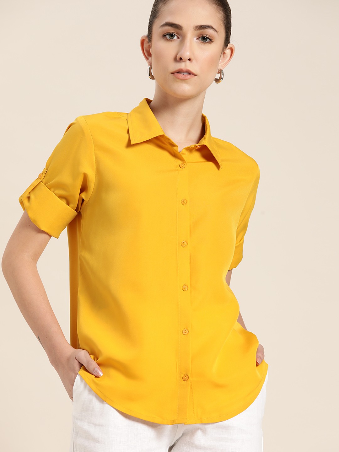 

her by invictus Women Mustard Yellow Solid Casual Shirt