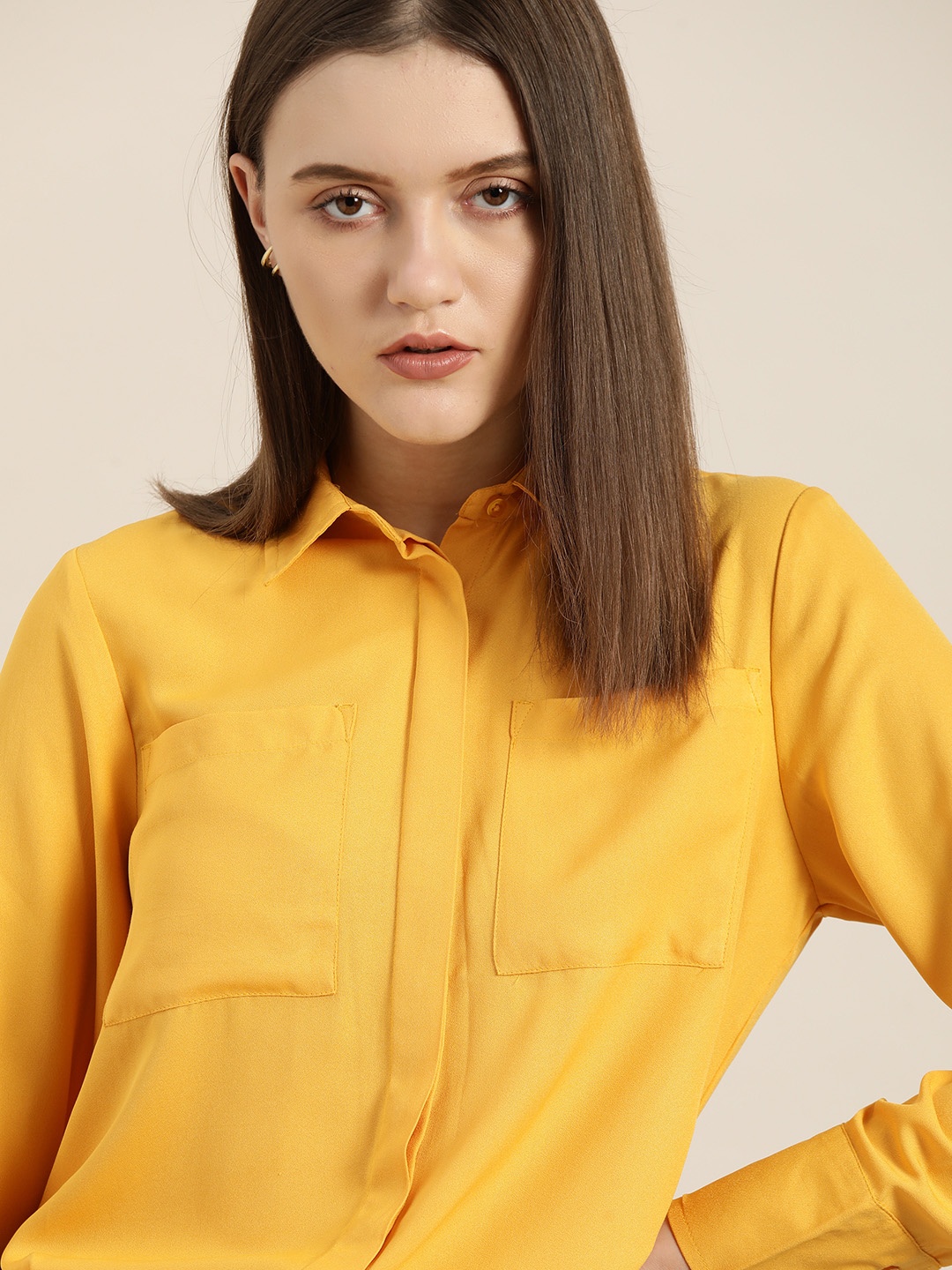 

her by invictus Women Mustard Yellow Solid Casual Shirt