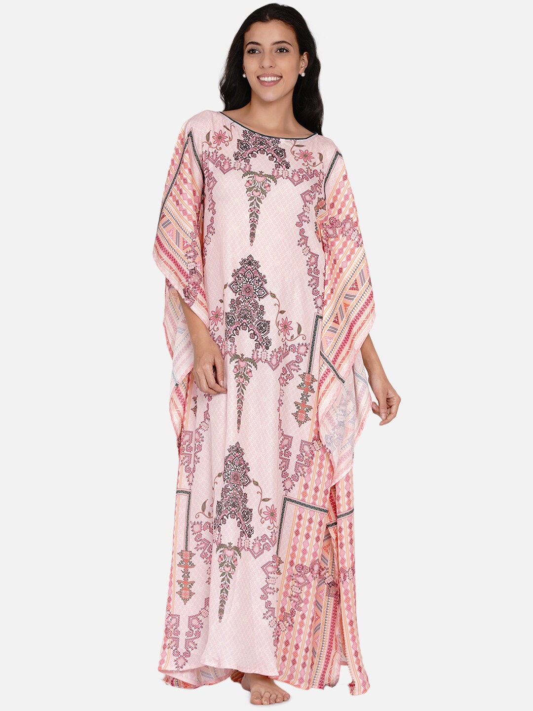 

The Kaftan Company Women Pink Printed Maxi Nightdress