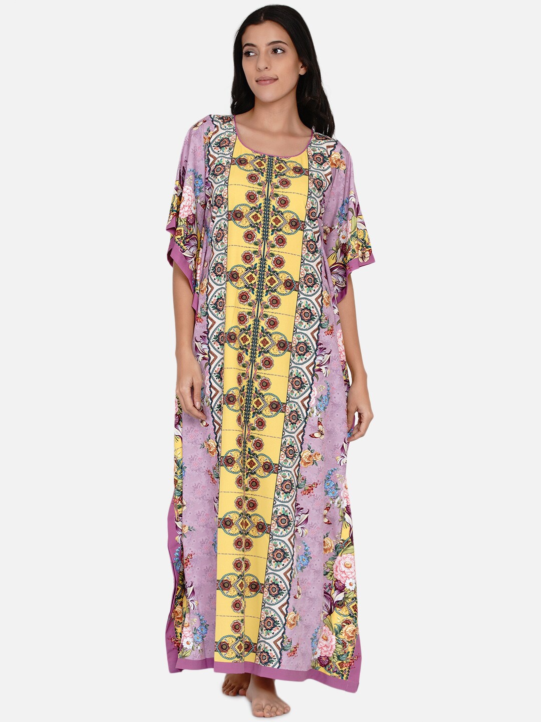 

The Kaftan Company Women Purple Gardenia Printed Nightdress