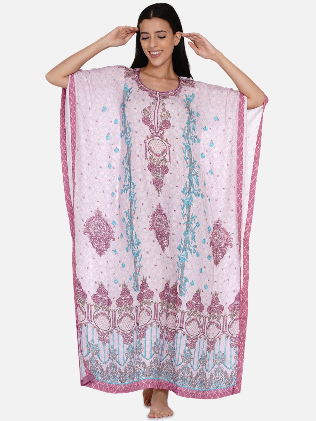 

The Kaftan Company Women Purple Printed Satin Kaftan