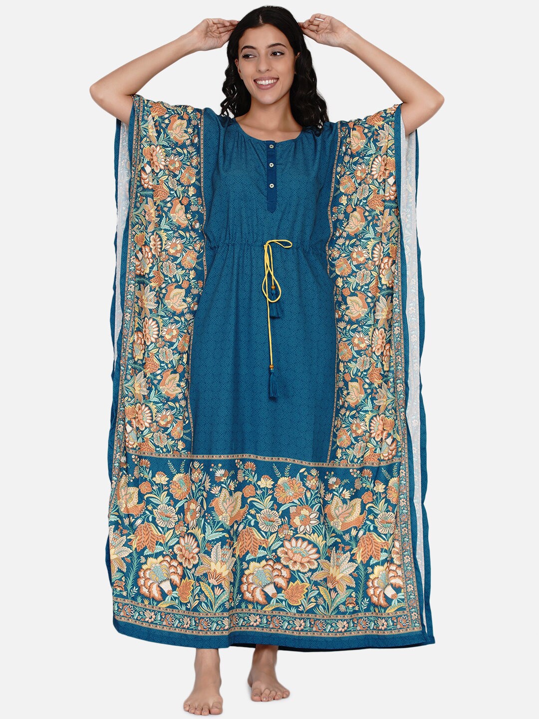 

The Kaftan Company Women Teal & Beige Floral Printed Maxi Nightdress