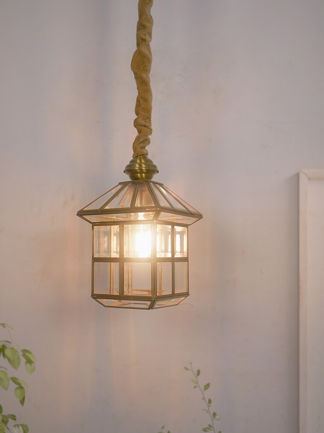 

Fos Lighting Gold-Toned & White Traditional Hut Brass Lantern Pendant Ceiling Lamp