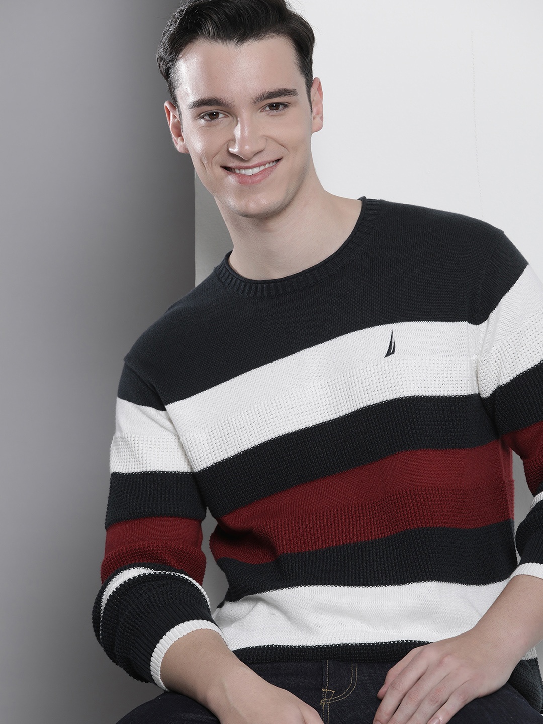 

Nautica Men Striped Pure Cotton Pullover, Navy blue