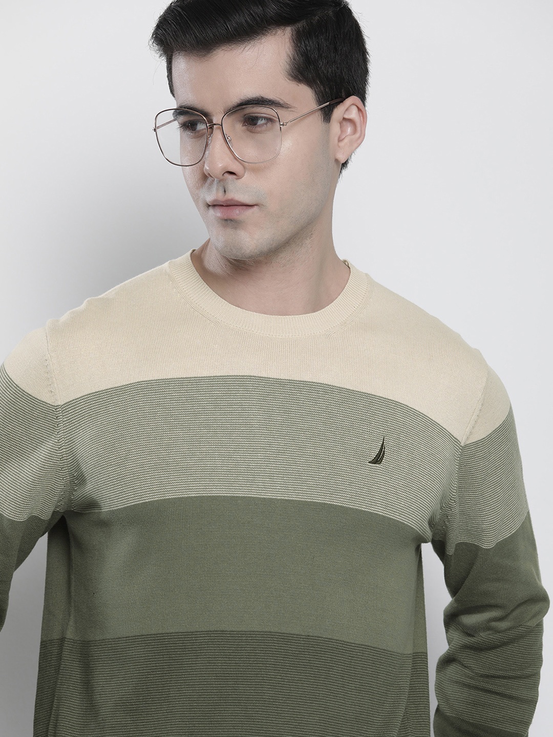 

Nautica Men Pure Cotton Colourblocked Pullover with Embroidered Detail, Cream