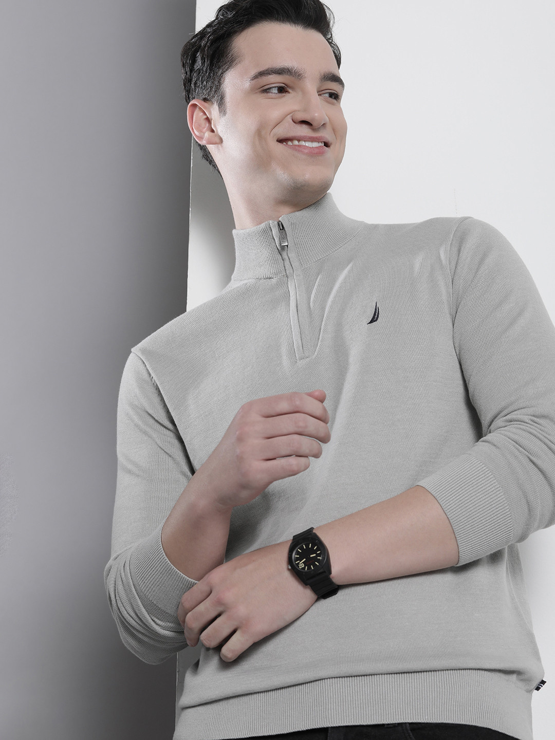 

Nautica Men Mock Collar Pullover with Embroidered Detail, Grey