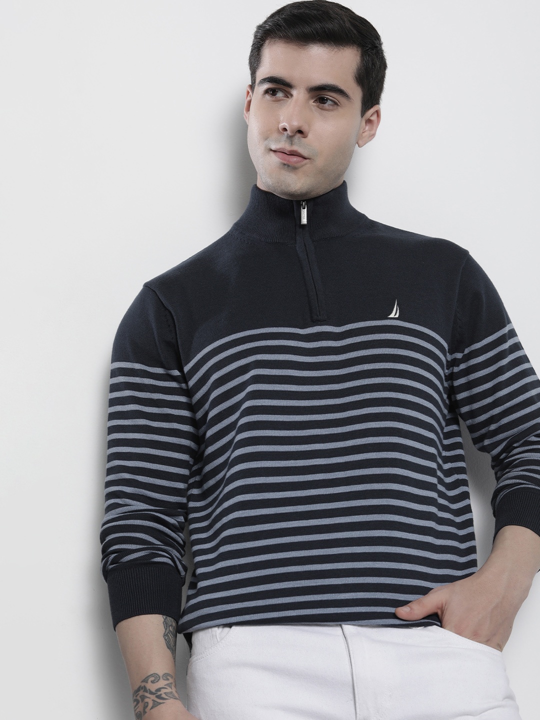 

Nautica Men Striped Pullover with Embroidered Detail, Navy blue