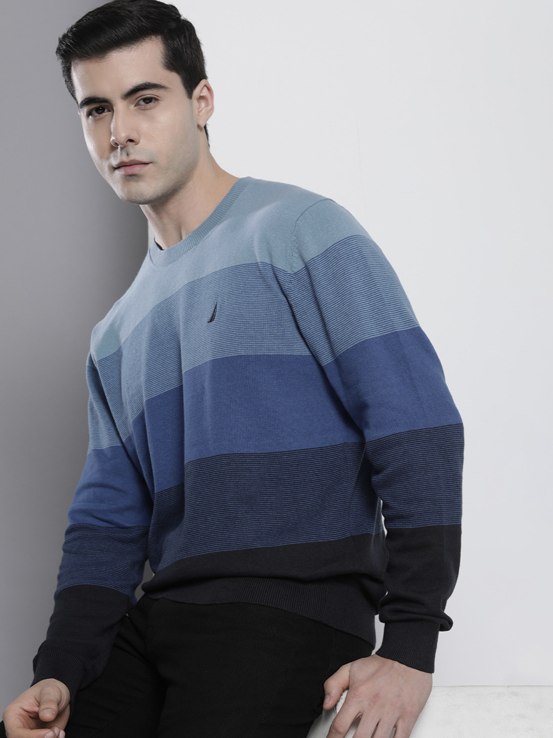 

Nautica Men Pure Cotton Colourblocked Pullover with Embroidered Detail, Blue