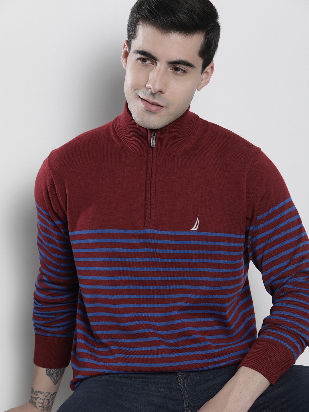 

Nautica Men Striped Pullover with Embroidered Detail, Maroon