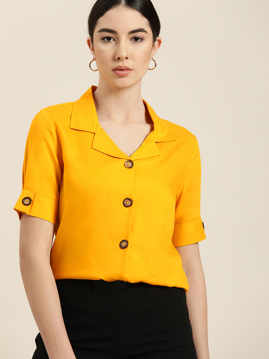 

her by invictus Women Mustard Yellow Solid Casual Shirt