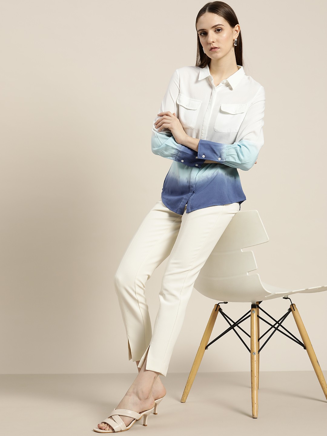 

her by invictus Women White & Blue Ombre Casual Shirt
