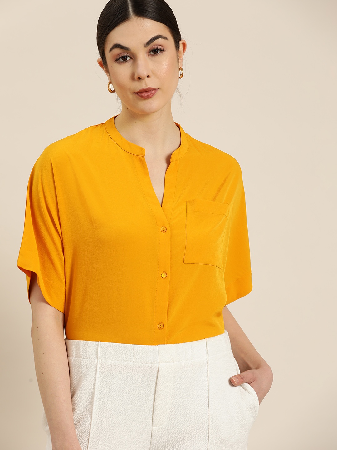 

her by invictus Women Mustard Yellow Solid Boxy Fit Casual Shirt