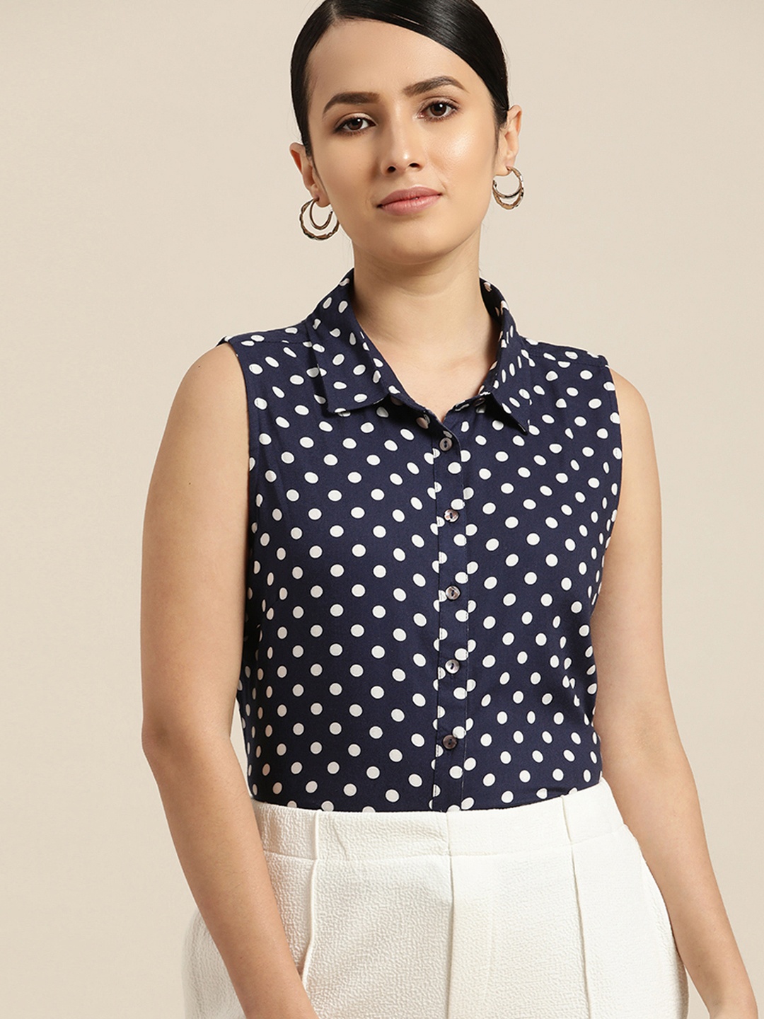 

her by invictus Women Navy Blue & White Polka Dot Printed Casual Shirt