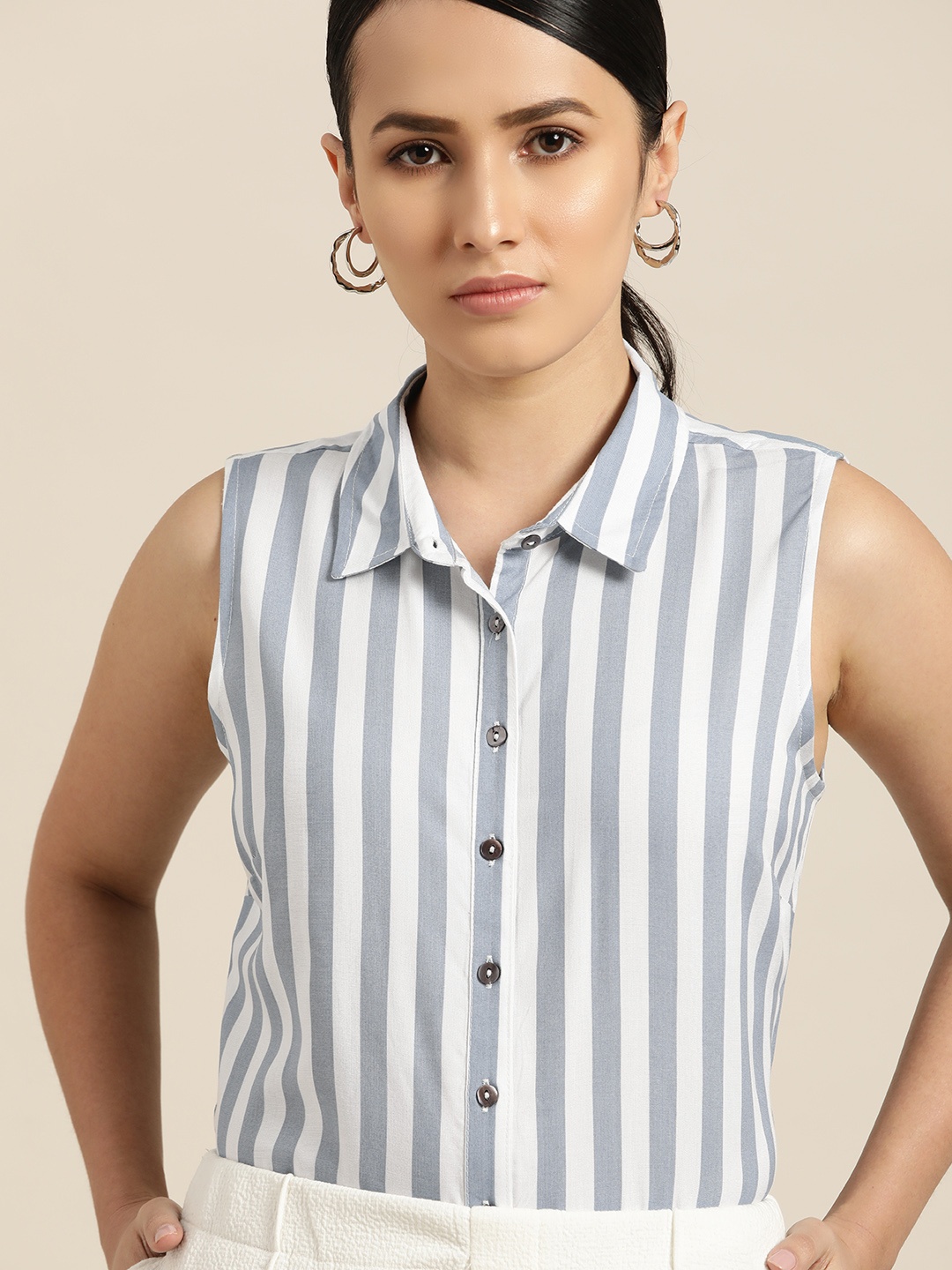 

her by invictus Women White & Blue Striped Casual Shirt