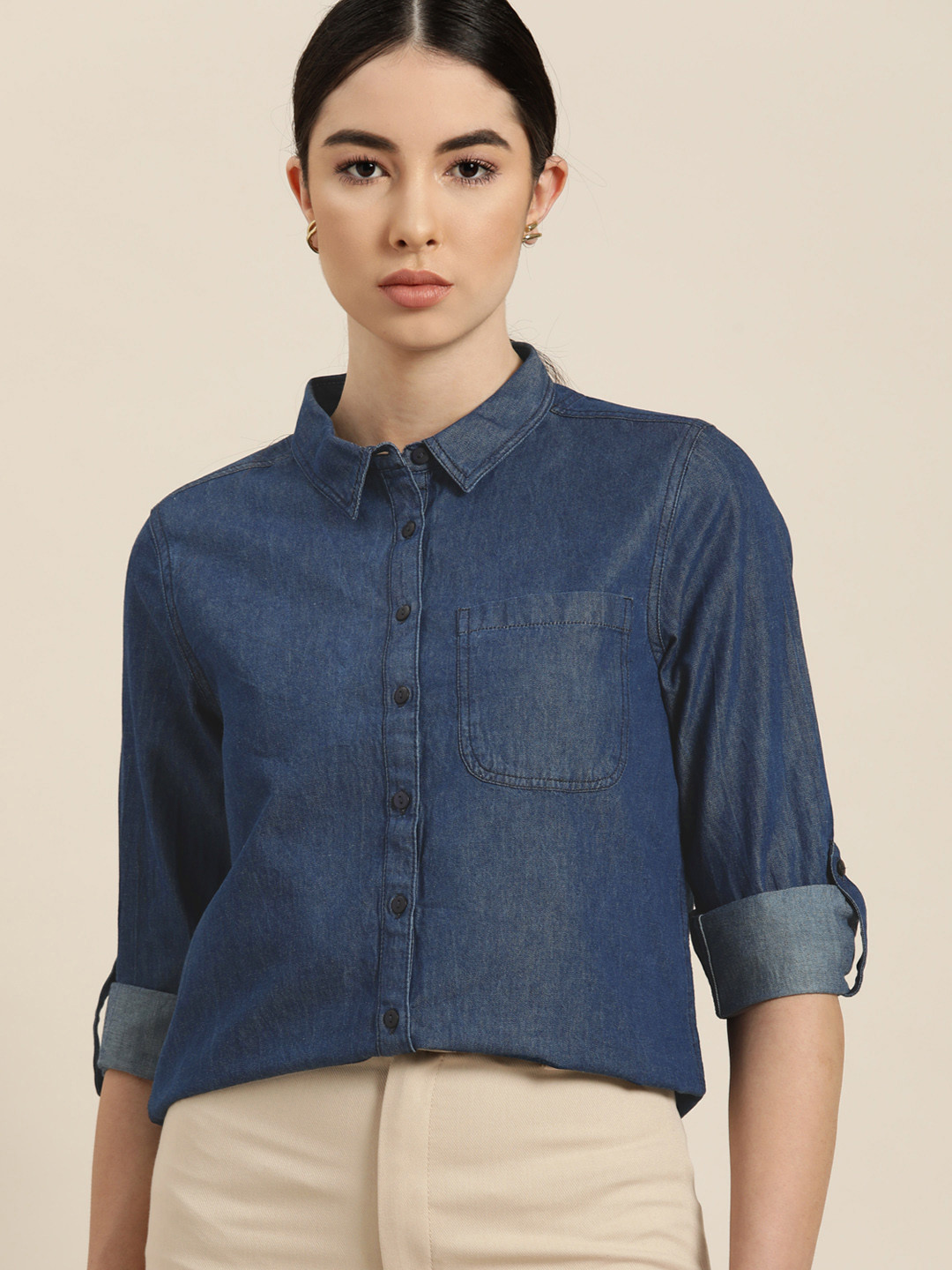 

her by invictus Women Navy Blue Solid Pure Cotton Casual Shirt