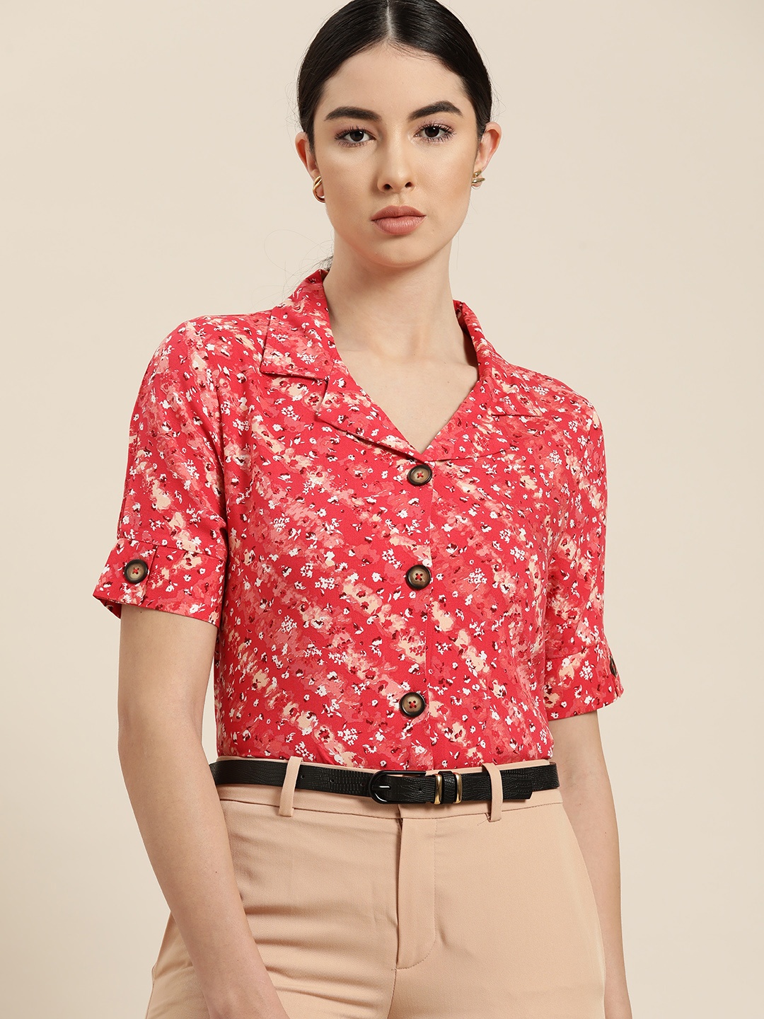 

her by invictus Women Red & White Floral Printed Casual Shirt