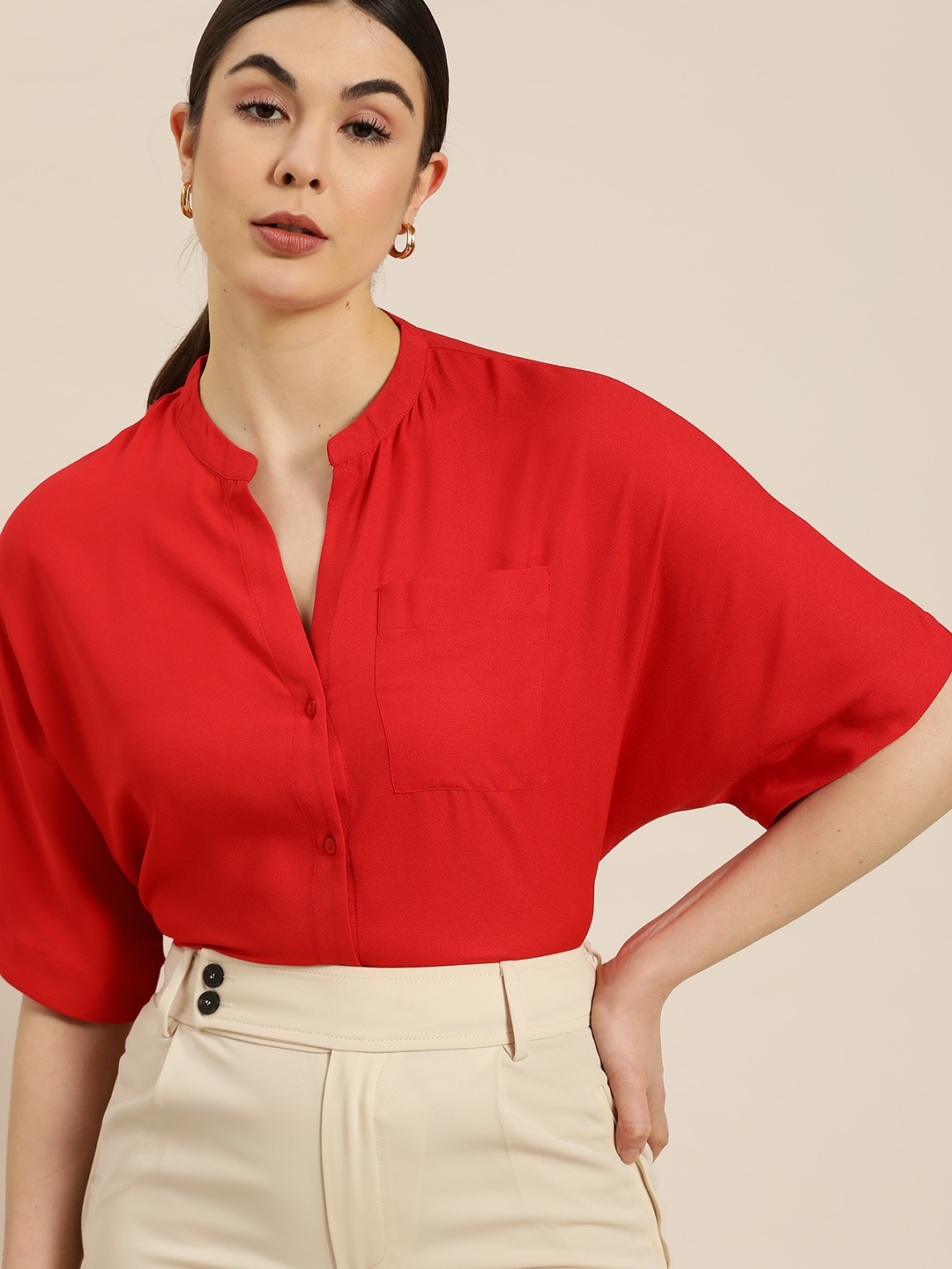 

her by invictus Women Red Solid Boxy Fit Casual Shirt