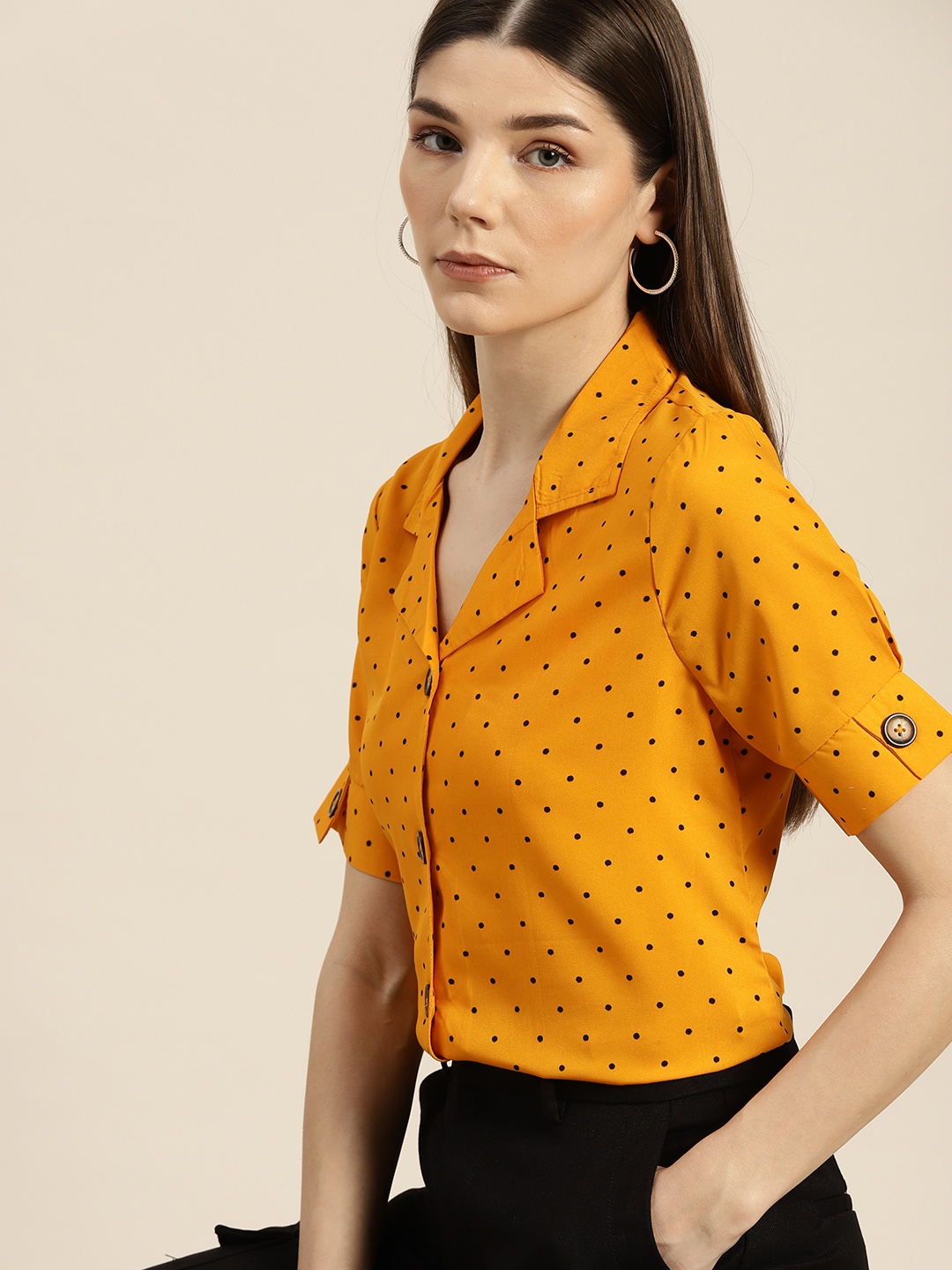 

her by invictus Women Yellow & Black Dotted Printed Smart Casual Shirt